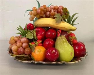 Faux fruit w/silver plate tray
