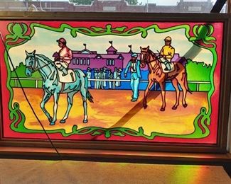 Vintage Framed Faux Stained Glass Panel Horse Race Scene | 6' Wide x 3' 6" Tall | ~ LOCAL PICKUP ONLY ~