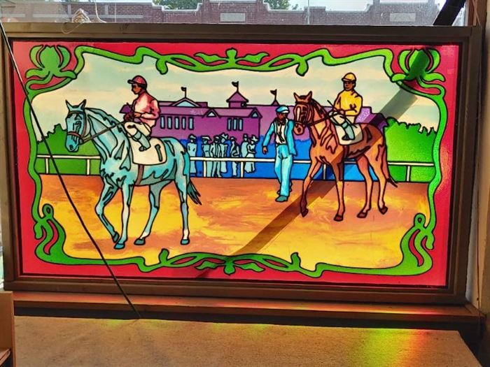 Vintage Framed Faux Stained Glass Panel Horse Race Scene | 6' Wide x 3' 6" Tall | ~ LOCAL PICKUP ONLY ~