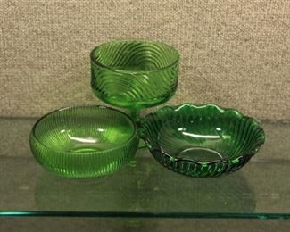 Lot of 3 Vintage 2 Bright Green EO Brody Glass Pieces, 1 Anchor Hocking Green Swirl | Anchor Hocking, E.O. Brody | Bowl Diameters Around 7"