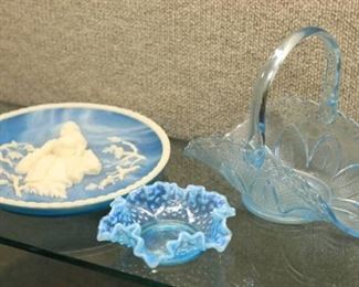 Lot of 3 Vintage Blue Glass Pieces | Fenton Blue Opalescent Hobnail Bon Bon Bowl, Daddy and I Numbered Plate, Blue Princess House Handled Basket | Fenton, Avondale, Princess House | 10" Plate | ~ LOCAL PICKUP ONLY ~