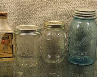 Lot of 4 Antique and Vintage Glass Jars | Blue Ball Jar Dates to 1900-1910, Longaberger Jar, Fruit Wide Mouth Jar, and Turpentine Jar | Ball, Standard Quality