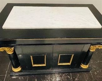Pair of black painted, gold and Carrera marble tops Altar tables $1,495 NOW $1,000  •  34high 48wide 26deep 
(came from the Elks Lodge in Birmingham AL)