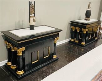 Pair of black painted, gold and Carrera marble tops Altar tables $1,495 NOW $1,000  •  34high 48wide 26deep 
(came from the Elks Lodge in Birmingham AL)