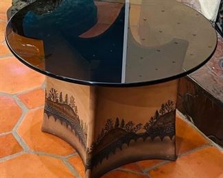 Pottery base, smokey glass round side table, smaller (purchased in Phoenix in the 70’s $295 NOW $185   • 18high 24 across