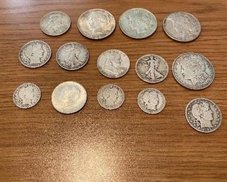Peace dollars 
Franklin half dollars
Barber quarters and half dollars
Walking liberty half dollars
Morgan silver dollars
