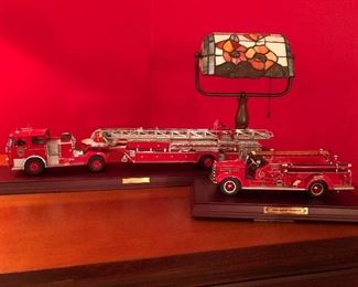 One of 4 Stained Glass Small Table Lamps, Fire Trucks