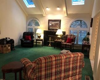 Black Leather LaZBoy Recliner, Hekman Side Tables and Sofa Table, Plaid Wing Back, and Like New LaZBoy Plaid Love Seat...More Brass Pot Lamps as well!