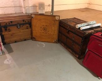 Pair of Antique Flat Top Trunks!  Old Game Top and just one piece of luggage at this sale!