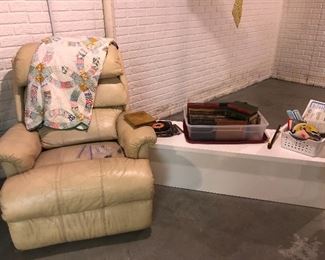LaZBoy Recliner w/ 1 of 3 quilts, 45's, older books and a DIY trunk/bench