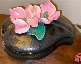 Ceramic dresser box with pretty pink flowers.
