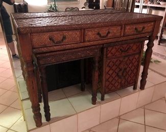 Woven desk, woven side table and woven cabinet