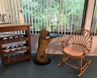 Rolling bar cart, "Butler" and rocking chair