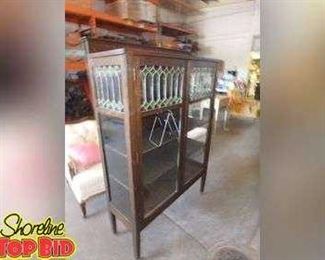 1920s Ca, Antique Display Glass Cabinet With Stained Leaded Glass