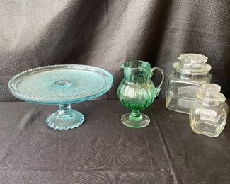 Glass Cake Plate, Candy Jars and Pitcher on Pedestal