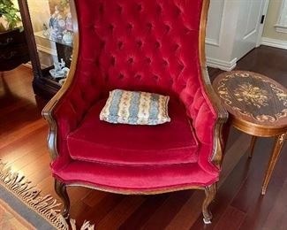 Vintage wood frame high back arm chair, nice button detail