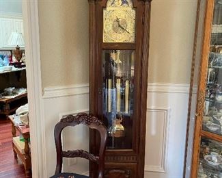 Pearl Grandfather clock, beautiful needlepoint chair