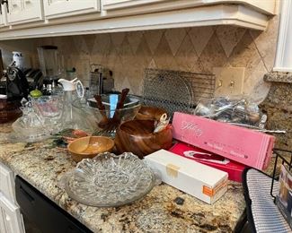 Vintage glass, wood bowls from Hawaii, vintage serving pieces