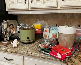 Crock pot, coffee pot, egg cookers, vintage bar ware