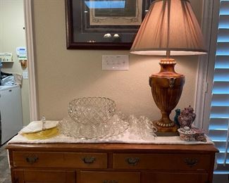 Vintage glass punch bowl with matching cups, and additional punch cups