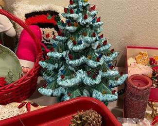 Vintage ceramic Christmas tree, red wagon