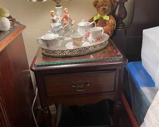 Vintage bedside table with drawer and shelf, Vintage tea set and beautiful ceramic lamp