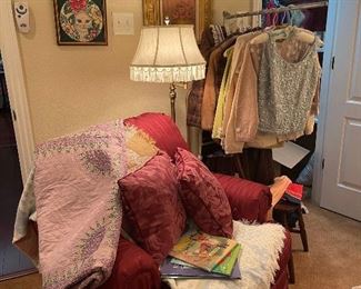 Burgundy upholstered chair, vintage hand made quilt, vintage art work, vintage floor lamp