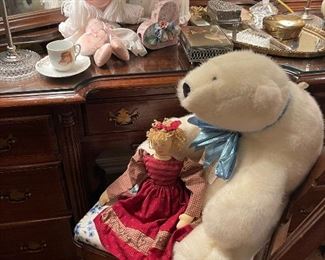 Polar bear, cloth dolls, ceramic bunny cookie jar