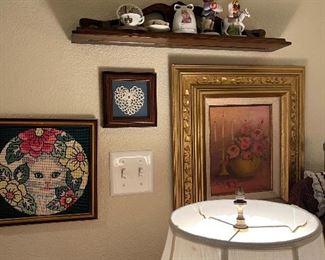 Cross stitch, crochet heart, oil on canvas and small wood shelf