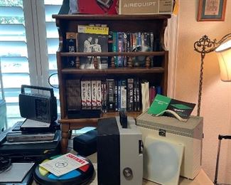 Vintage Sawyer's 500 slide projector, Vernon movie editor 101 dual 8, Airequipt automatic slide viewer, Portable cassette recorder, antenna, radio
