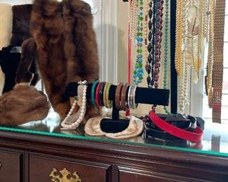 Vintage fur collars, vintage costume jewelry, beaded collars, head bands. vintage belts