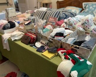 Lots of vintage hankies, socks, vintage gloves, wallets, slips, foundation ware