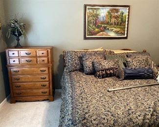 Vintage solid maple bedroom group, each piece priced separately—king size bed, chest of drawers, night stand and dresser with mirror. 
