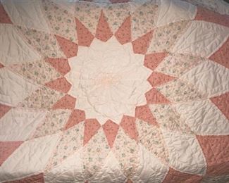 Several quilts—both vintage and newer, most hand stitched, varying condition.