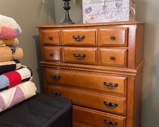 Vintage solid maple bedroom group, each piece priced separately—king size bed, chest of drawers, night stand and dresser with mirror. 