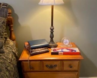 Vintage solid maple bedroom group, each piece priced separately—king size bed, chest of drawers, night stand and dresser with mirror. 