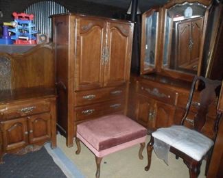 2 matching king bedroom sets with head board, dresser with mirror, tall boy, night stand