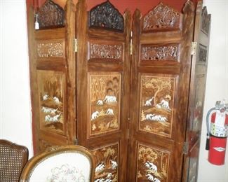 Ornate four panel wood and inlay screen