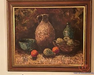 Large Impressionist Fruit and Pottery Still Life Original Oil on Canvas by DUV