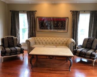 Pair of French Style Chairs, Leather Tufted Sofa w/ Nailhead Trim - Chesterfield Style, Coffee Table
