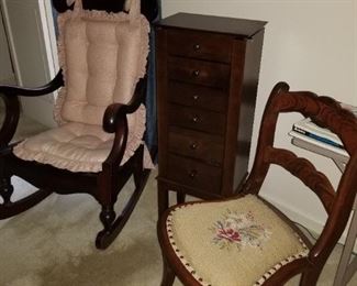 Wood rocker, needlepoint cushioned chair, jewelry armoire