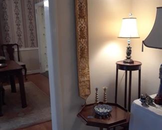 Octagonal accent table, bell pull; three Graces lamp base