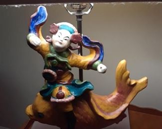 Polychrome Chinese warrior riding carp, mounted on lucite base