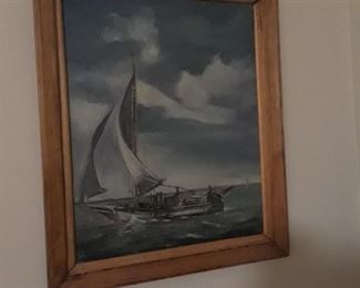 Framed marine  art with sailboat