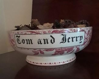 Tom and Jerry punch bowl, 19th c. Staffordshire, staple repairs on back