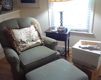Upholstered chair and ottoman; lamp; accent table