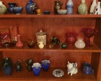 Painted shelf; pottery collection; other collectibles