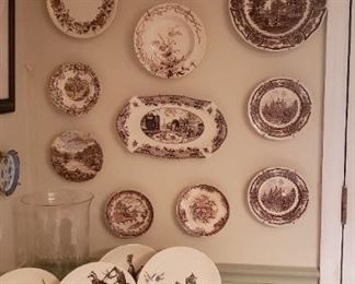 Game plates, brown transferware, and many other patterns