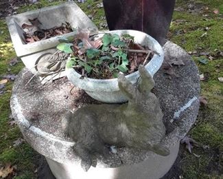 Concrete rabbit; concrete pots; glazed pot