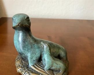 Bronze Seal & Pup Sculpture